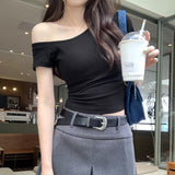 Bring Your Own Breast Pads With A Slanted Shoulder White Short-Sleeved T-Shirt For Summer 2025 New Niche Unique Beauty Short Top