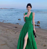 Red-Dewed V-Neck Dress New Thin Thai Sanya Seaside Beach Dress Atmosphere
