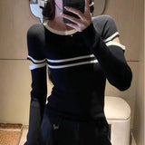 Clamming Striped Gray Hollow Long-Sleeved Sweater Women's Spring And Autumn Design Elastic Inside The Repair Knitted Shirt Top