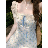 French Blue Floral Tie Sling Dress Dress Female Summer 2025 New Korean Wearing Sweet And Gentle Dress