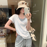 This Year's Popular Pop-Up Loose V-Neck Fake Two Design Lazy Wind Short-Sleeved T-Shirts For Women's Summer New Small Top