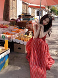 2025 New Leisure Temperament To Pick Up Thin Skin Spliced Red Lattice Long Sling Dress Women's Holiday Style