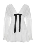 French High-End Feeling Bow V-Neck Lantern Long-Sleeved Dress Women's Summer Retro Waist Showing Thin Short Skirt
