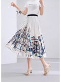 2025 New High-Rise Half-Dress Woman Tight Waist Ink Print Design Sense A-Character Skirt In The Long Folded Skirt