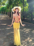 Seaside Holiday Hottie Suit Women Summer Flowers Tsets Wearing Yellow Mesh Half-Body Skirt Two-Piece