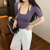 Beautiful Pink U-Neck Threon Shoulder Five-Sleeved T-Shirt 2026 New Small Kochi Beautiful Top