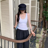 Small-Sized Retro Threaded U-Neck Wide Shoulder Strap Sleeveless Sling Vest Women's New Summer With Chest Pads Short Top