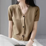 2026 Summer New Temperament Short-Sleeved Knitted Cardigan V-Neck Thin Bottom Thin Top Woman