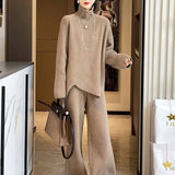Purple High-Collar Knitted Casual Sports Suit Women's Autumn And Winter New Thick Loose Sweater Broad Leg Pants Two Sets Of Tide