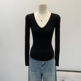 2026 Early Spring Pit Strip V Collar With The Bottom Of The Knitted Shirt Women's Autumn Minimalist High-End Feeling Long-Sleeved Top