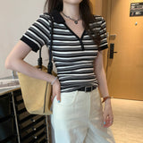 Hanli Hanqi Design Striped Collar Front Shoulder Short-Sleeved T-Shirt Women 2025 Summer New Beautiful Top