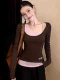 Fake Two Long-Sleeved T-Shirts For Women Wearing Coffee-Colored Bottom Shirts In The Early Spring To Put On A Thin Hottie