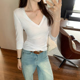 Lyselle Tiansi Unique V-Neck Slim Mid-Sleeved T-Shirt For Women 2025 Summer Thin Light Luxury High-End Feel Beautiful Top