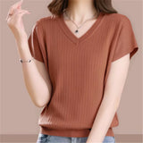 2026 Summer Loose New V-Neck Stripe Simple Short-Sleeved Knitted Shirt Women Large Size Thin Leisure