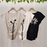 Spring And Summer New Korean Version Of The Fashion Ocean Cross-Fold Waist Fold Three-Dimensional Flowers Knitted Short-Sleeved Top