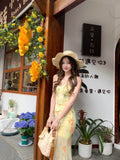 French Yellow Floral Sling Dress Woman Summer Seaside Vacation Beauty Pure Fishtail Ass And Hip Dress