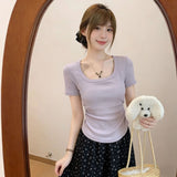 Sweet Purple Collar Folded Waist Short-Sleeved T-Shirt 2026 Summer New Slimming Hottie Short Top