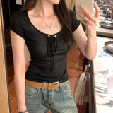High-End Touching Bow Tie With Thin White Shoulder Short-Sleeved T-Shirt Woman 2025 New Summer Huge Look Top
