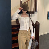 Temperament Square Tie Design Feel White Inside The Bottom Shirt Women's Autumn And Winter 2025 New Long-Sleeved T-Shirt Short Top