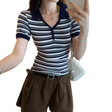 Hanli Hanqi Design Striped Collar Front Shoulder Short-Sleeved T-Shirt Women 2025 Summer New Beautiful Top