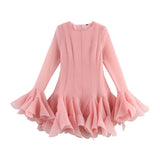 2025 Spring And Summer Women's Long-Sleeved Folded Lotus Leaf-Side Pony Dress Women