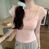 Low-Round Collar Solid Color Short-Sleeved T-Shirt Women 2025 Early Spring New U-Neck Bamboo Festival Cotton Slimming Top