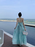 French Temperament Mint Green Hanging Neck Sling Dress Women Summer Sanya Seaside Vacation Show Big Dress