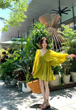 Holiday Style Strapped Back V Collar Long-Sleeved Dress Women Summer French Loose Green Skirt Casual A Short Skirt