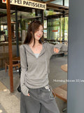 Miu Line Gray Fake Two-Piece Hooded Long-Sleeved T-Shirt Girl Early Autumn And Winter Design Sense Half Zipper Repair Bottom Shirt Top