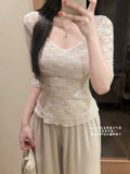 Pure Lust Wind Mesh Fake Two-Sleeved T-Shirt Girl Summer New Slimmed Hot Girl U Collar Broken Lace Top
