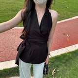 2026 Summer New French Chic V-Neck Hanging Neck Sleeveless Vest Senior Sense Waist Thin-Skinny Back Coated Woman