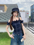 French One-Word Collar Slanted Short-Sleeved T-Shirt For Women's Summer Design Sense Of The Lotus Leaf Side Short-Carved Shoulder Coat