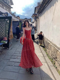 2025 New Leisure Temperament To Pick Up Thin Skin Spliced Red Lattice Long Sling Dress Women's Holiday Style
