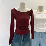 2026 New Year's Eve White Slanted Shoulder Sexy Pure Desire To Show Shoulders Long-Sleeved T-Shirt Girl Folded Wrinkled Waist-Thing Bottom Top