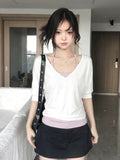 Korean Niche Middle-Sleeved T-Shirt Women Wear Hanging Neck Striped Vest In Summer Slim Top Two Sets