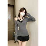 2026 Early Spring V Tie With Long Sleeve Folded Knitted Shirt Girl Autumn And Winter Sexy Inside Repair Waist Design Tide