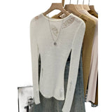 Commuting Pure Babes Hollow Wool Irregular Long-Sleeved Female Commuting Spring And Autumn New Thin Lazy Top