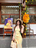 French Yellow Floral Sling Dress Woman Summer Seaside Vacation Beauty Pure Fishtail Ass And Hip Dress