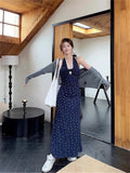 French Blue Broken Flower Hanging Neck Hanging Neck Sling Dress Female Summer 2025 New Thin Temperament Ass Long Skirt