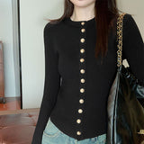 2026 Early Spring Ferrous Black Metal Buckle Round-Neck Long-Sleeved T-Shirt Femininity New Round-Neck Knitted Shirt
