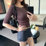Old Money Style Slim Thin Striped Stripe One-Word Collar Five-Sleeved T-Shirt 2026 Summer New Beautiful Top