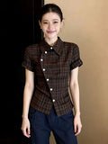 Vintage Curry Plaid Short-Sleeved Shirt Women 2026 Summer Super Fire Age Repairolo Collar T-Shirt Top