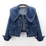 2026 Spring And Autumn Dress New Cowboy Coat Women's Short-Sleeve Single-R Roller Navy Loose Cardigan Jacket Long Sleeve Jacket Solid Color