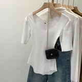 2026 Early Spring Explosion Gray U-Neck Short-Sleeved T-Shirt Women's Commuting Summer New Niche Super Beautiful Thinch Waist