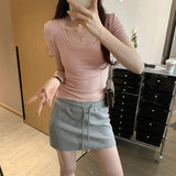 Korean Shoulder-To-Shoulder U-Necked With A Bottom Shirt Short-Sleeved T-Shirt For Women's Summer 2025 European Explosive Design Top