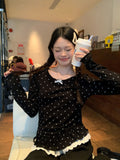 Design Sense Of Black Wave Point Inside The Bottom Of The Women's Spring Lace Hem Super Good-Looking Long-Sleeved T-Shirt Top