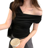 2026 Early Spring Temperament Design Collar Slim Slimming Elastic Short-Sleeved T-Shirt Women's Summer Commute New Hot Girl Short