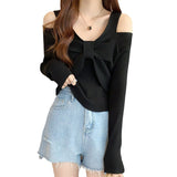 2025 New Temperament Goddess Fan French Small Body Slim Design Feel Shoulder Bows Thin Knitting Tops