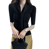 French Chic Hottie V Tie With Slim Short-Sleeved Knitted Shirt Women's Spring And Summer 2025 New Temperament Thin Top
