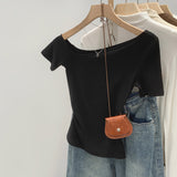 2026 Early Spring Korean Chic Inclined Shoulder Short-Sleeved T-Shirt Women's Commuting Summer New Slim Slimy Super Good-Looking Exposed Shoulders